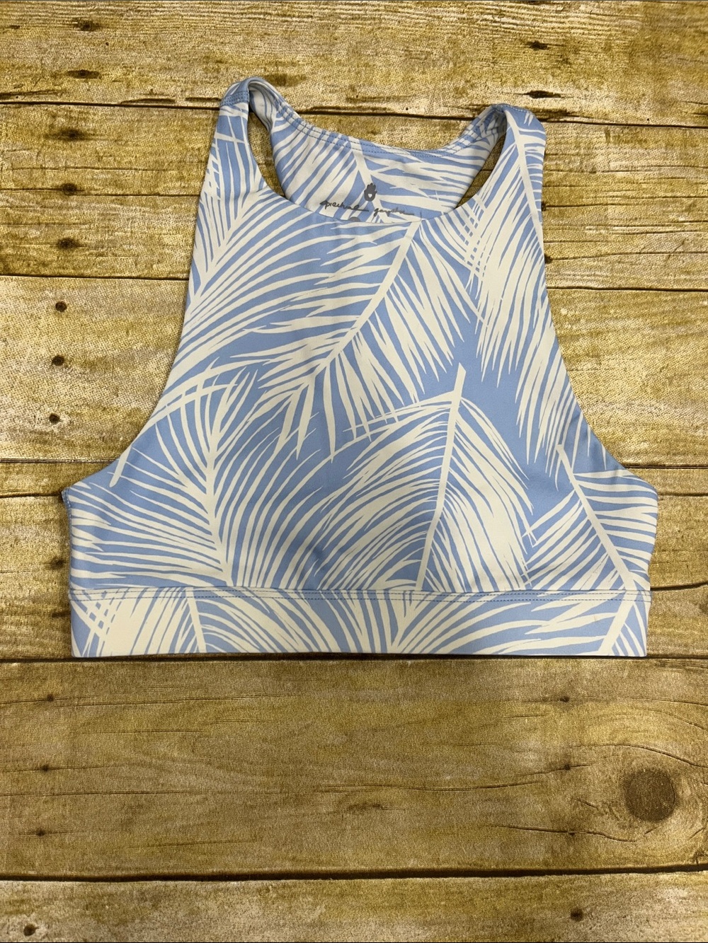 Spiritual GangsterLight Blue & White Palm Print Racerback Sports Bra Size Small
